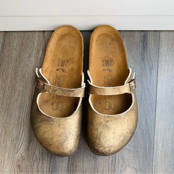 Birkenstock Shoes - Birkenstock Birki's Distressed Gold Maria Clog Mules Leather Mary Jane, Sz 8